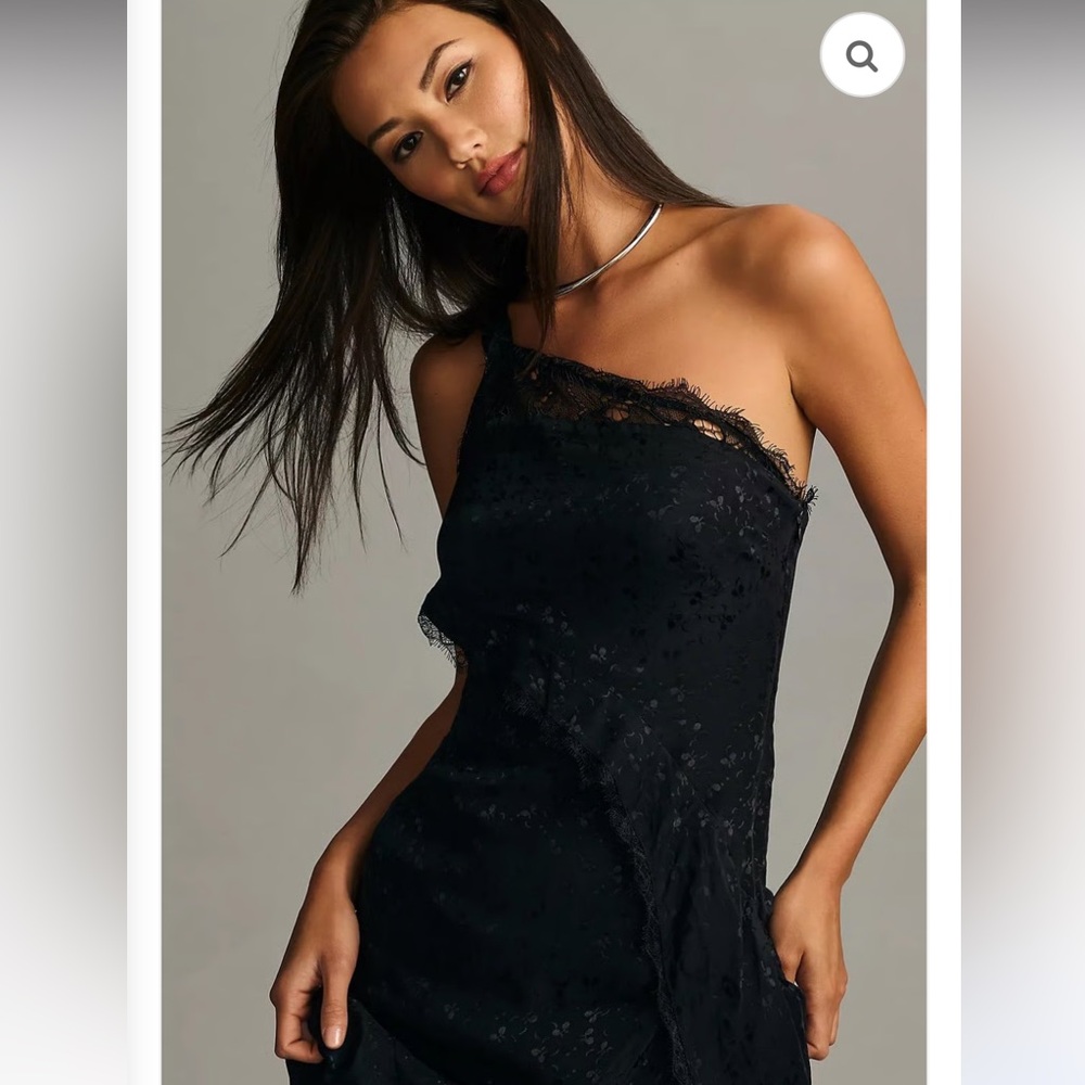 Anthropologie Black Asymmetrical Lace maxi Dress size 4 one shoulder - Picture 2 of 6
